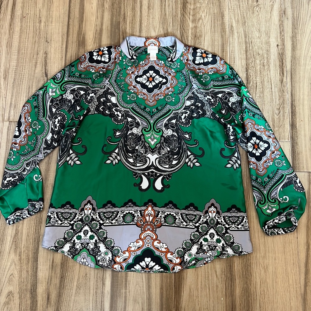 Chicos Women’s Baroque Long Sleeve Tunic Top - Green-Black-White-Orange